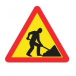 Sticker on a plastic sign - "Road works"