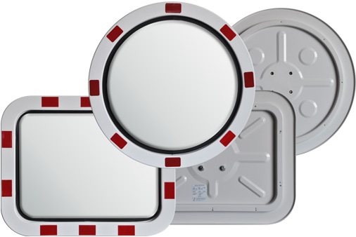 Traffic mirror with red and white frame